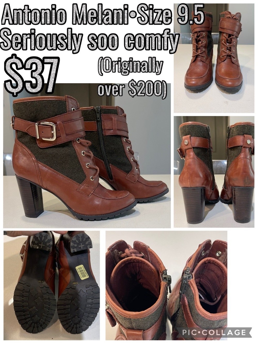 ANTONIO MELANI Brown Leather and Olive Fabric Heeled Ankle Boots